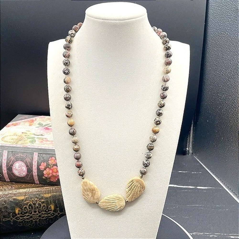 Contemporary Beige Classic Carved Shell Leopard Skin Jasper Statement Necklace
